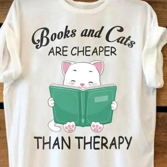 Books And Cats Are Cheaper Than Therapy Classic T-shirt - Picture 1 of 3